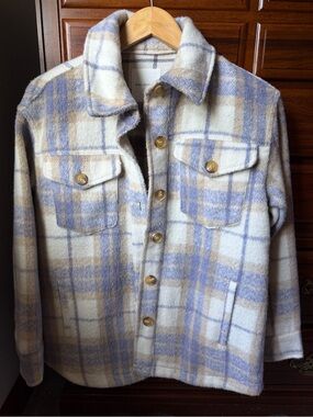 Avec Les Filles Plaid Shacket in Cream, Lavender & Tan